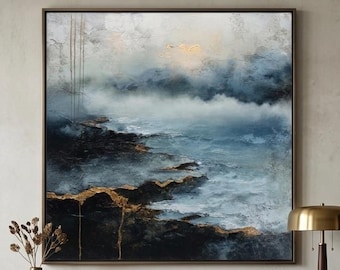 Lussuoso dipinto astratto di paesaggio marino blu e oro | Opera d'arte originale su tela testurizzata | Decorazione murale moderna in stile costiero | Opera realizzata a mano con colori ad olio e acrilico