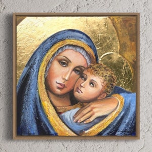 Virgin Mary and Child Painting Hand-Painted Religious Icon Art on Canvas, Gold Leaf Texture, Sacred Madonna Wall Decor, Christian Gift