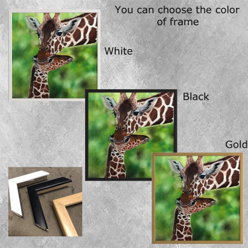 May include: A framed print of a mother giraffe nuzzling her baby giraffe. The frame is available in white, black, or gold. You can choose the color of frame.