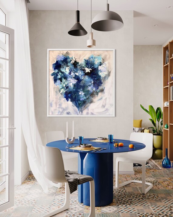 Blue floral painting,Blue Heart, Abstract Heart Painting, Blue Art on Canvas, Contemporary Wall Art, Blue Floral Painting, Home Wall Decor
