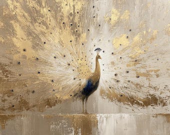 Grande dipinto di pavone dorato, opera d'arte originale, tela testurizzata da appendere al muro, lussuoso dipinto astratto di uccello, pittura con foglia d'oro, decorazione murale moderna e neutra