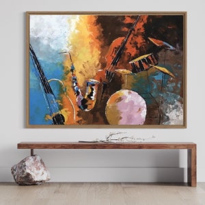 Colorful abstract painting of jazz instruments including a saxophone, upright bass, and drum set with bold, expressive brushstrokes and vibrant tones.May include: A painting of a musical band with a saxophone, a violin, and a drum set. The painting is done in a colorful abstract style with shades of blue, yellow, orange, red, and brown. The painting is framed in a light brown frame.