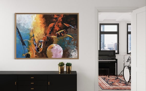 Abstract Jazz Instruments – Modern Acrylic Canvas Wall Art for Music Lovers, Colorful Textured Statement Painting