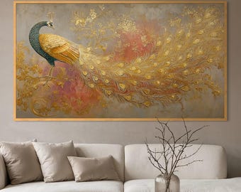 Grande dipinto di pavone, decorazione murale con foglia d'oro, quadro di lusso su tela, opera d'arte originale di pavone dipinta a mano, elegante elemento d'arredo di grande impatto.
