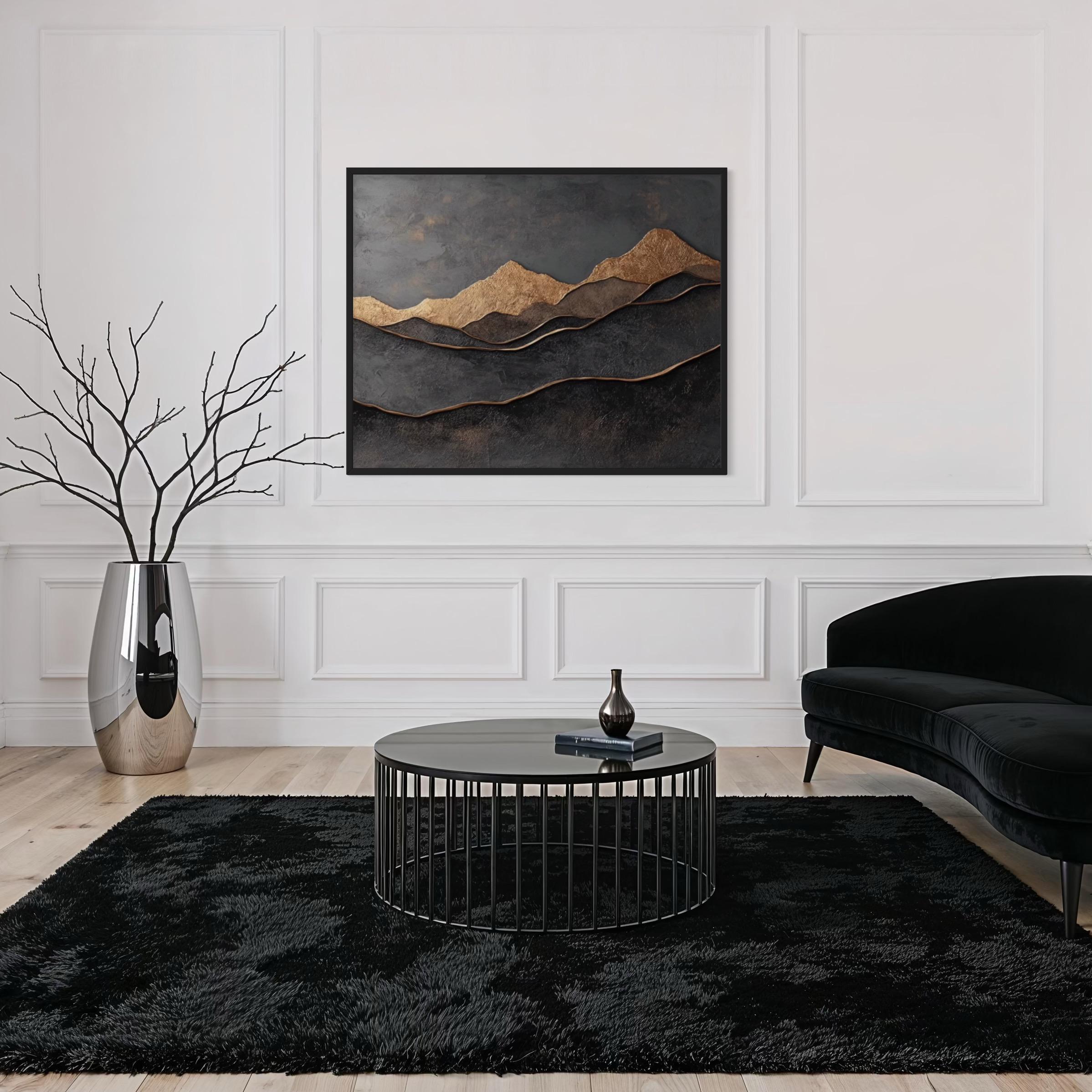 Textured Black Gold Abstract Mountain Landscape Acrylic & Paste Canvas ...