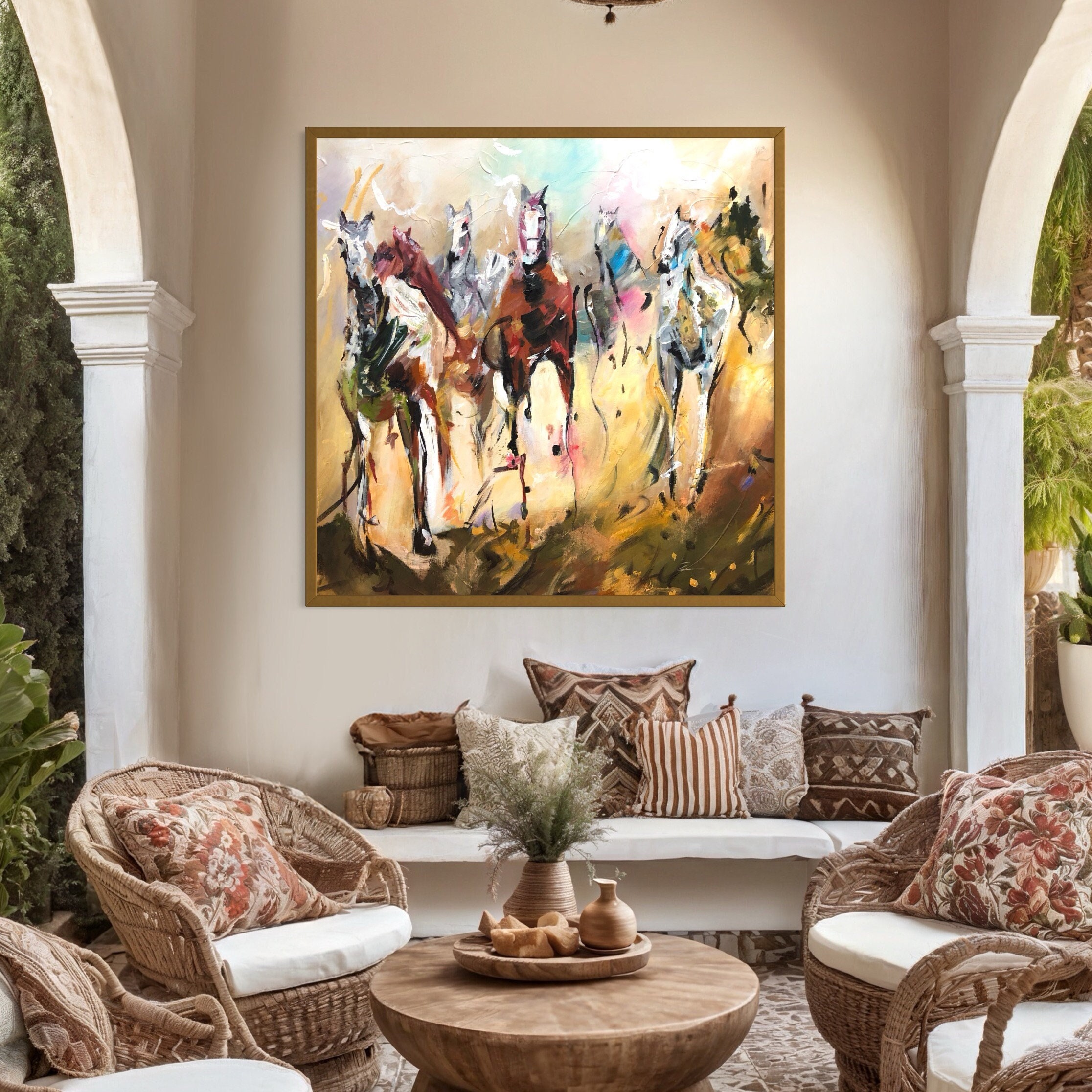 馬の群れ 絵画 ゴールドフレーム キャンバスに描かれたオリジナルの