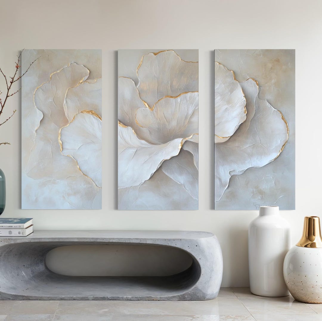 3 Panel Abstract Flower Canvas Elegant White and Gold Textured Painting ...