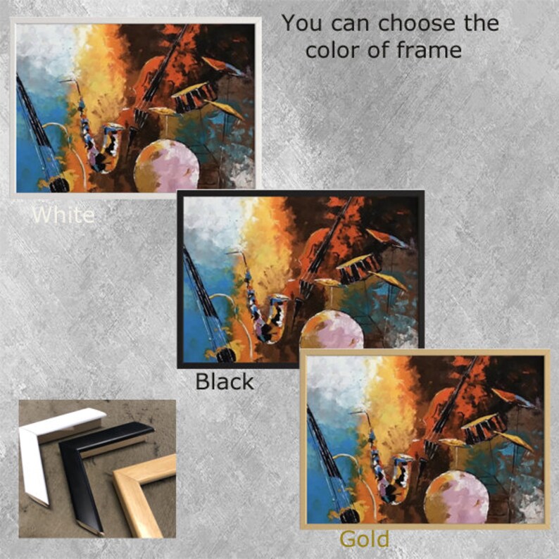 Op de afbeelding: Een kleurrijk abstract schilderij van muziekinstrumenten, waaronder een saxofoon, viool en drums, met een roze cirkel op de achtergrond. Het schilderij is verkrijgbaar in drie lijstkleuren: wit, zwart en goud.