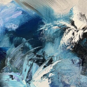 May include: Abstract painting with blue, white, and gray brushstrokes. The painting has a textured surface and a modern style.