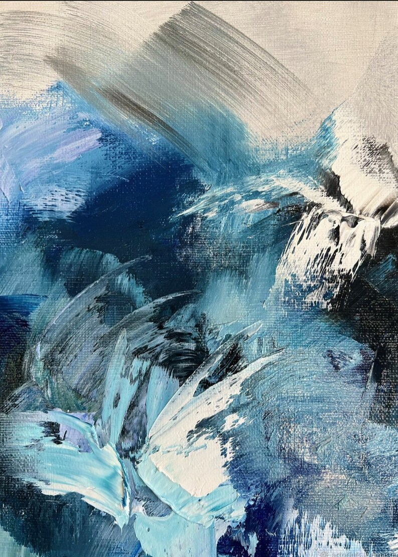 May include: Abstract painting with blue, white, and gray brushstrokes. The painting has a textured surface and a modern style.