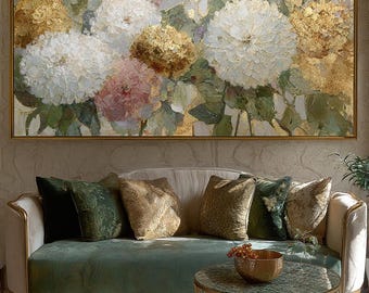 Dipinto floreale di ortensie, grande quadro da parete con fiori dorati, tela originale dipinta a mano, opera d'arte botanica di lusso, decorazione floreale strutturata