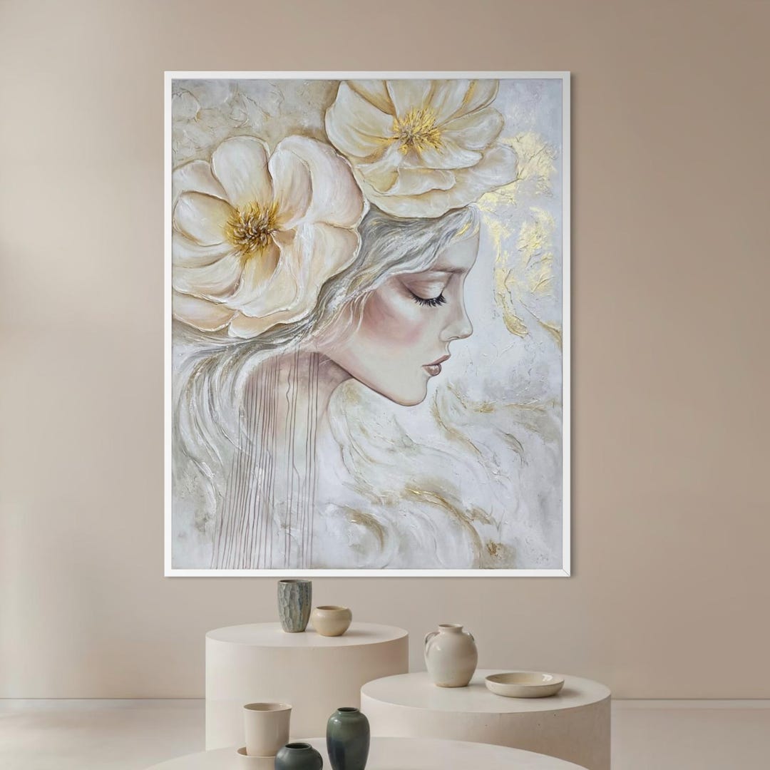 Elegant Woman Portrait Painting, Feminine Floral Wall Art, Original ...