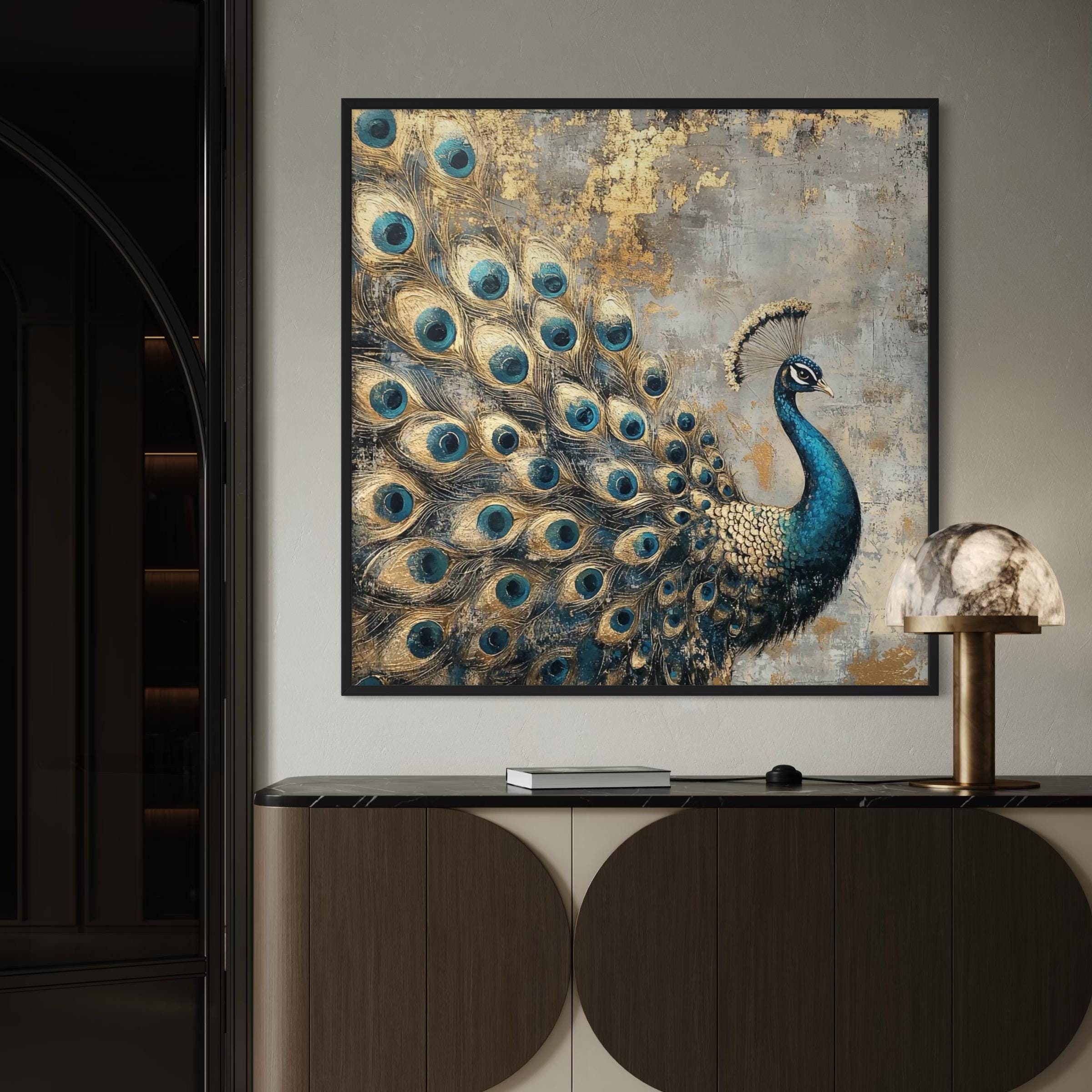 雄大な孔雀の絵画 金箔 壁アート 手描きキャンバス ティールブルー 鳥 