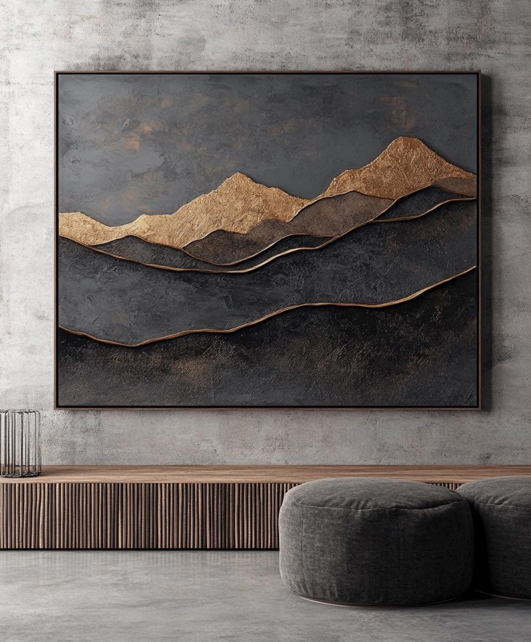 Textured Black Gold Abstract Mountain Landscape Acrylic & Paste Canvas ...
