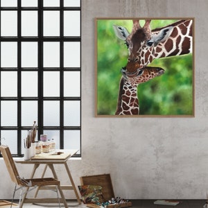 May include: A watercolor painting of a mother giraffe and her baby giraffe. The mother giraffe is nuzzling the baby giraffe's neck. The background is a green and brown watercolor wash.