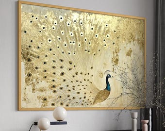 Pintura de pavo real dorado, arte acrílico original sobre lienzo con pan de oro, arte de pared lujoso, pieza llamativa pintada a mano, pedido personalizado
