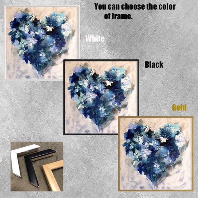 May include: A blue abstract heart painting with white and gray accents. You can choose the color of the frame: white, black, or gold.