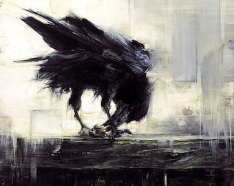 Corvi dipinti a mano, dipinti di animali espressivi, decorazioni drammatiche in bianco e nero, opere d'arte murali contemporanee raffiguranti uccelli, pezzi unici personalizzati