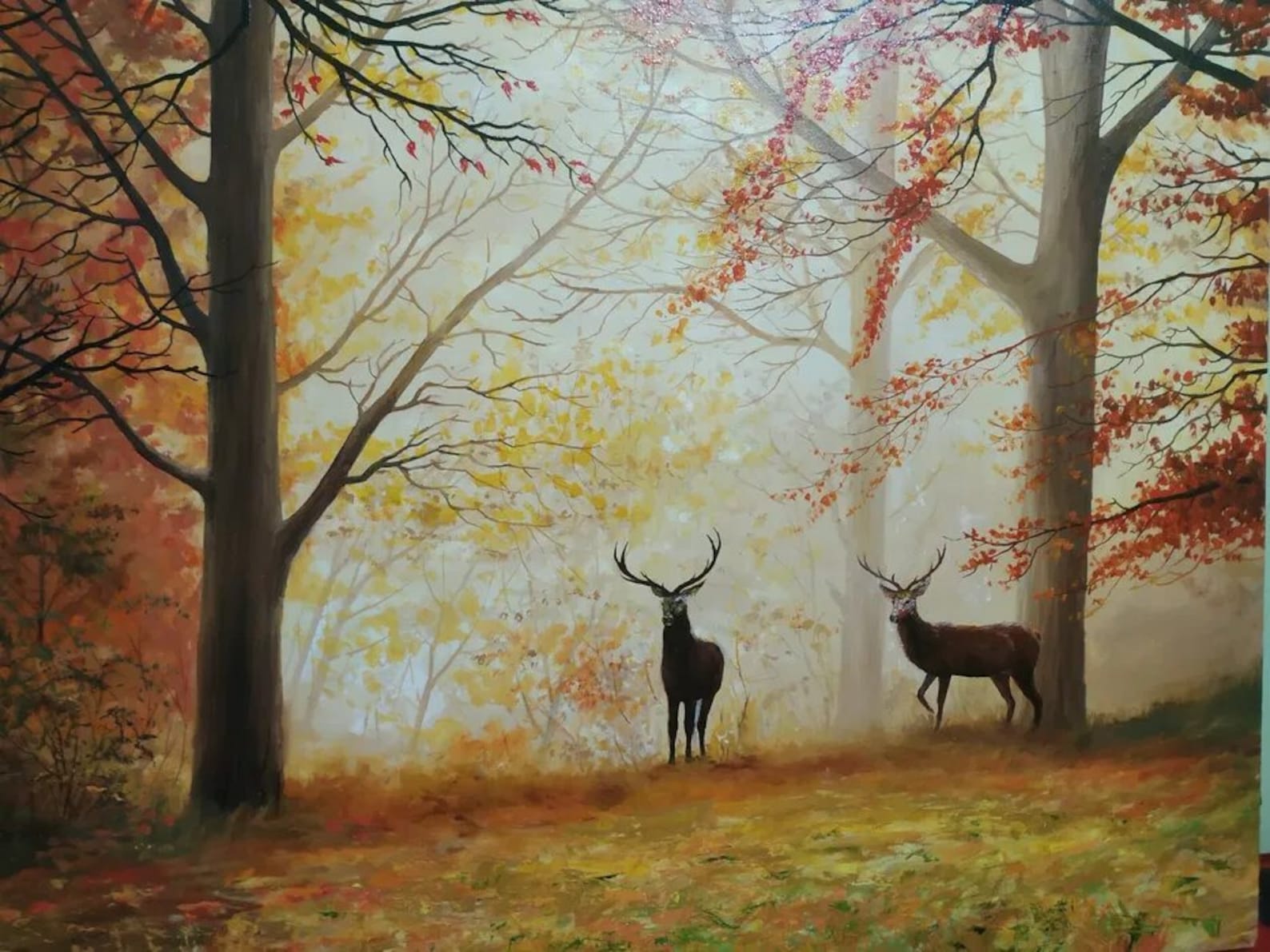 Deer in the forest / Autumn oil painting / a pair of deer / Etsy