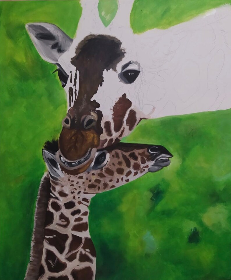 May include: A painting of a mother giraffe and her baby giraffe. The mother giraffe is white with brown spots and the baby giraffe is brown with white spots. The background is a green field.