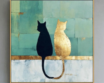 Abstract Cat Lovers Art | Black & Gold Feline Wall Decor | Teal Minimalist Painting | Hand-painted Kitty Canvas Hand Made Costum| Framed