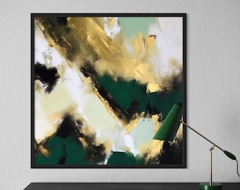 Pintura abstracta original verde sobre lienzo, arte blanco dorado, pintura contemporánea de pared