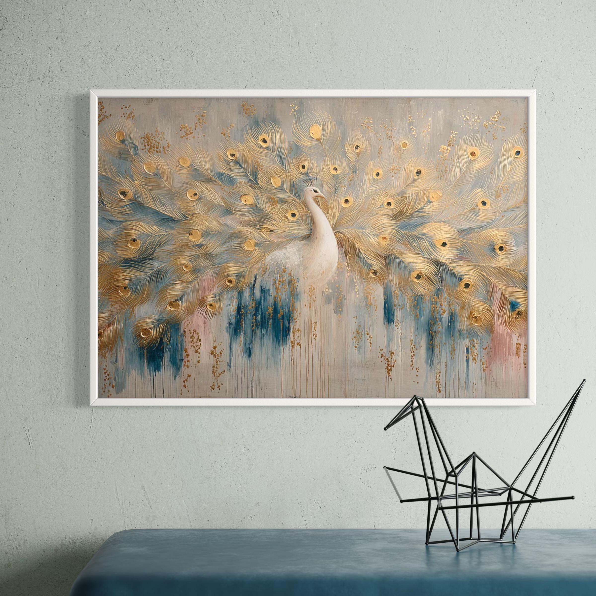 黄金の孔雀の抽象画、キャンバスに描かれたアクリル画 - カスタム