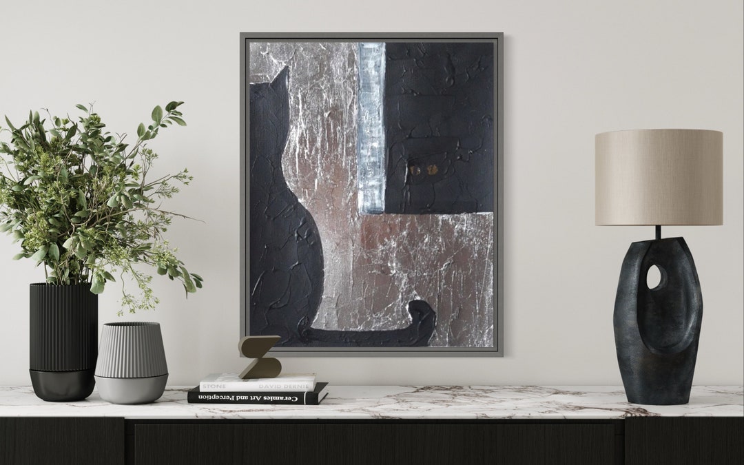 Abstract Cat Painting,silver Wall Decor,bedroom Wall Decor Etsy