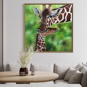 May include: A painting of a mother giraffe and her baby giraffe. The mother giraffe is brown and white with a long neck and a gentle expression. The baby giraffe is smaller and has a more playful expression. The background is a blurred green.