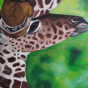 May include: A close-up of a giraffe's head and neck, painted in a realistic style. The giraffe's fur is brown and white, and its eyes are large and dark. The background is a green and brown abstract pattern.