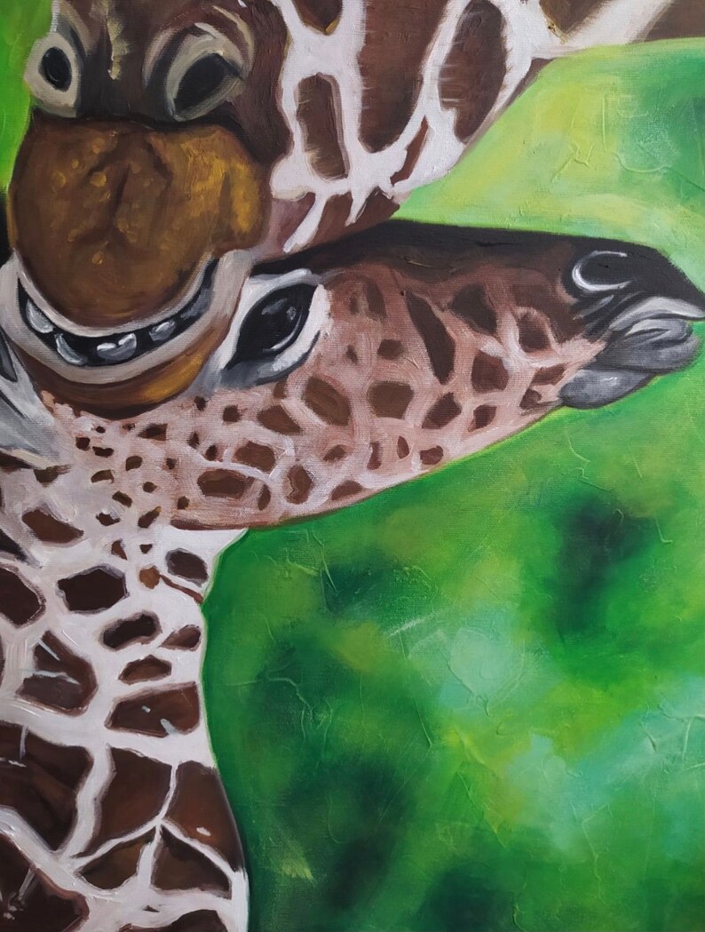 May include: A close-up of a giraffe's head and neck, painted in a realistic style. The giraffe's fur is brown and white, and its eyes are large and dark. The background is a green and brown abstract pattern.