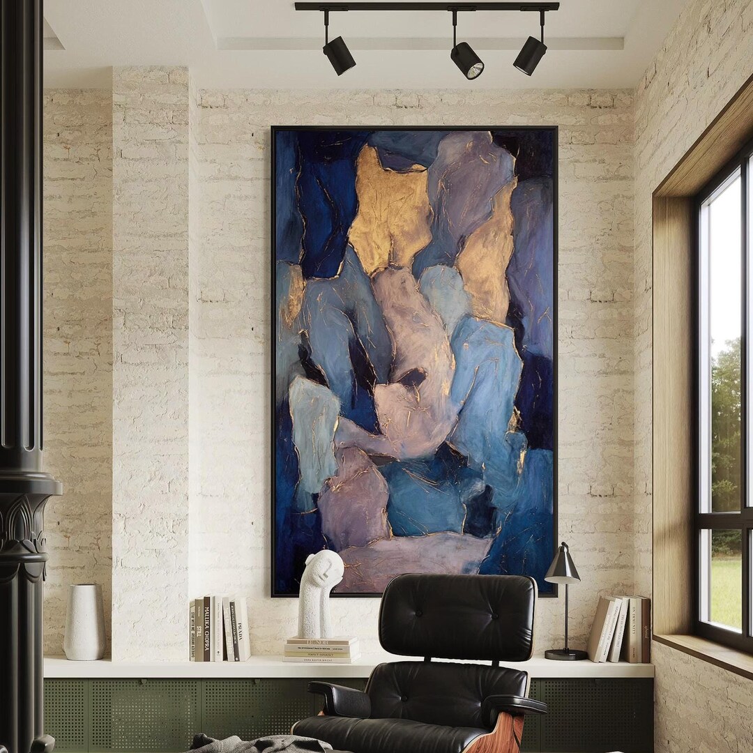Blue Gold Abstract Painting, Textured Vertical Canvas Art, Modern Wall ...