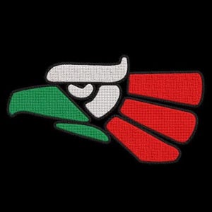 May include: Embroidered patch with a stylized eagle head design. The eagle is made up of green, white, and red sections, outlined in black, against a black background. The patch has a textured appearance.