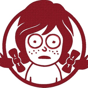 May include: Red and white cartoon illustration of a girl with pigtails and freckles. She has large eyes and a surprised expression. The image is in a circle.