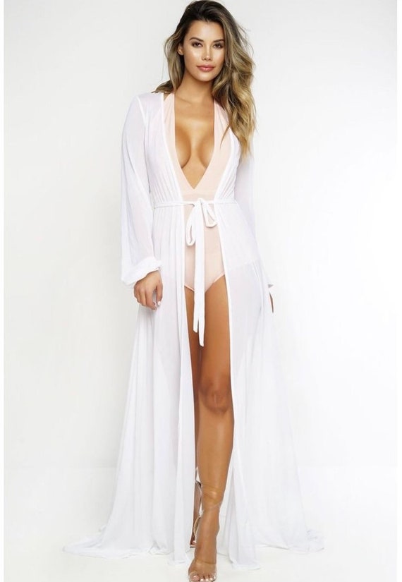 White Long Sleeve Wrap Tie Chiffon Beach Cover Up Cover - Etsy Singapore
