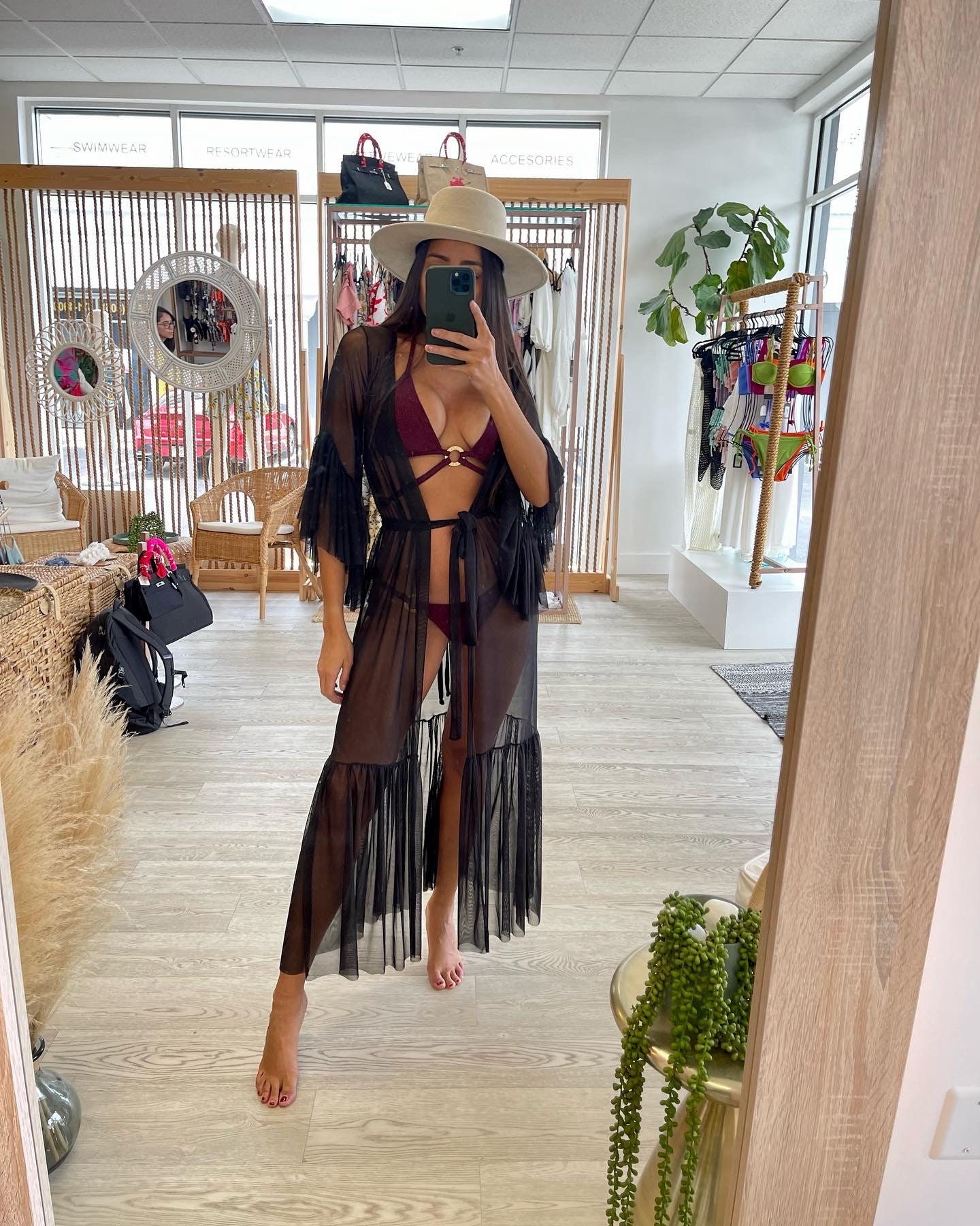 Long Sleeve Wrap Mesh Beach Cover Up 