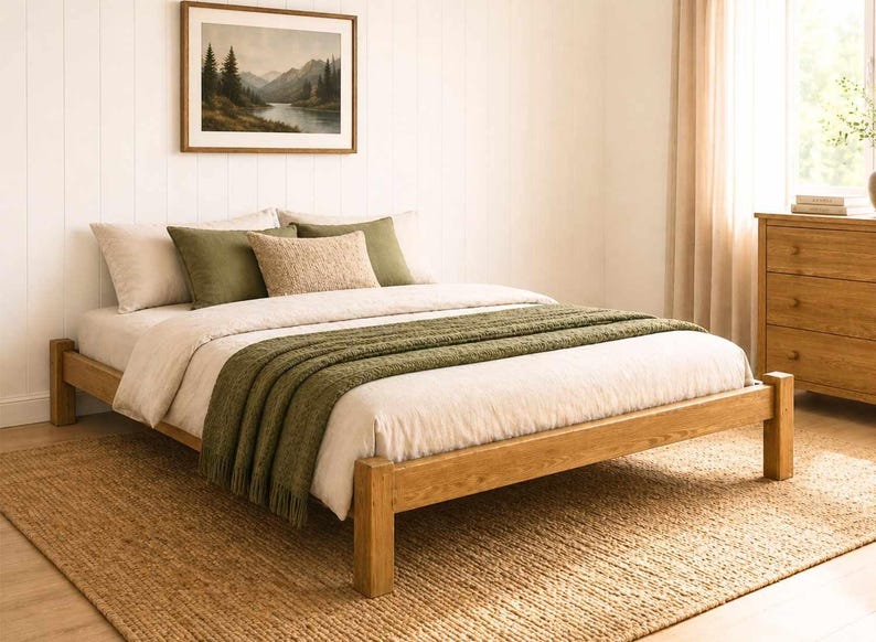 May include: A wooden bed frame with a neutral-colored comforter and pillows. A green throw blanket is draped across the foot of the bed. The bed sits on a woven jute rug. A framed landscape painting hangs on the wall.