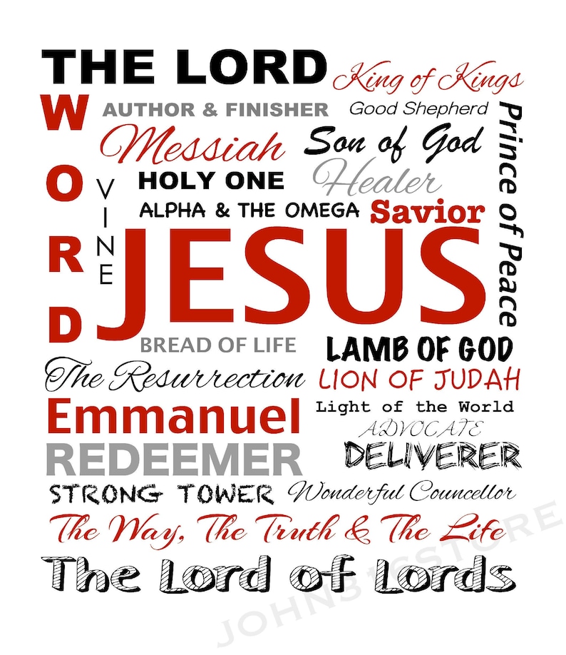 May include: A white background with the word "JESUS" in large red letters. Surrounding the word are other words in black and gray, including "The Lord", "King of Kings", "Messiah", "Son of God", "Savior", "Lamb of God", "Emmanuel", "Redeemer", "The Way", "The Truth", and "The Life".