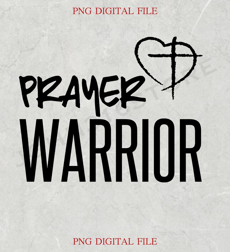 K&ouml;nnte beinhalten: Schwarzwei&szlig;es Grafikdesign mit dem Text "PRAYER WARRIOR" und einem Herzen mit einem Kreuz darin.