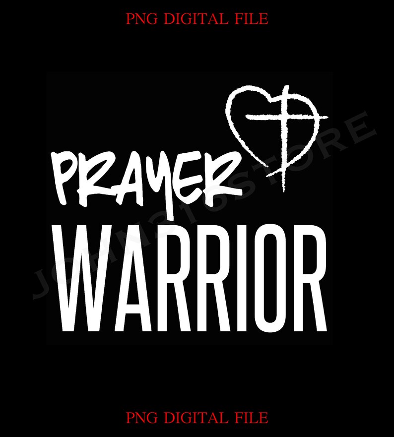 K&ouml;nnte beinhalten: Wei&szlig;er Text auf schwarzem Hintergrund lautet "Prayer Warrior" mit einem Herz, das ein Kreuz &uuml;ber dem Wort "Prayer" enth&auml;lt.