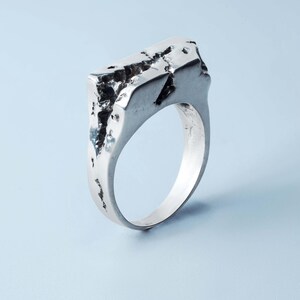 Può includere: Un anello d'argento con una parte superiore rettangolare e strutturata. Il design dell'anello presenta una superficie ruvida e irregolare con fessure scure, che gli conferiscono un aspetto unico e organico. La fascia è liscia e lucida.