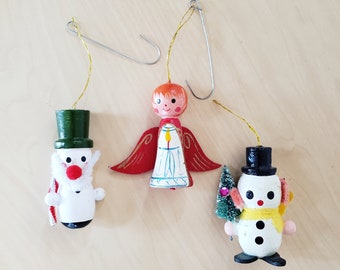 Vintage 1950s Wooden Snowmen and Angel Ornament Set