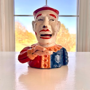 Vintage 1940s Mechanical Cast Iron Humpty Dumpty Clown Jester Coin Bank