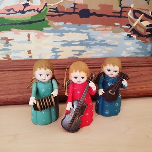 Vintage 1950s Red, Blue and Green Angels with Instruments Ornament Set