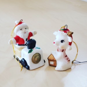 Vintage 1980s Ceramic Santa and Reindeer Ornament
