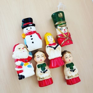 Vintage julvaxfigur ljusset från 1950-1960-talet: Kör, jultomte, snögubbe, nötknäppare