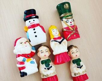 Juego de velas navideñas vintage de cera de las décadas de 1950 y 1960: Coro, Papá Noel, muñeco de nieve y cascanueces.