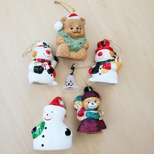 1980s Vintage Bear & Snowmen Ceramic Christmas Dangling Bell Feet Ornament Set