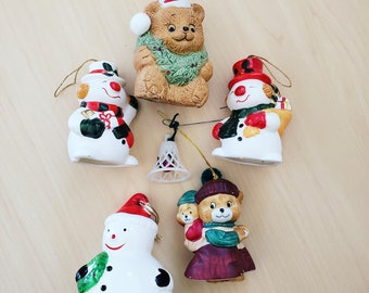1980s Vintage Bear & Snowmen Ceramic Christmas Dangling Bell Feet Ornament Set