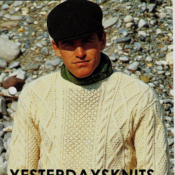 Vintage 1980's Man's crew neck Aran sweater knitting pattern - to fit chest: (38 [40, 42] in.) - EXPERT KNITTER